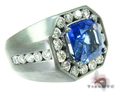 Men's yellow gold ring with square sapphire center and diamond halo and band accents