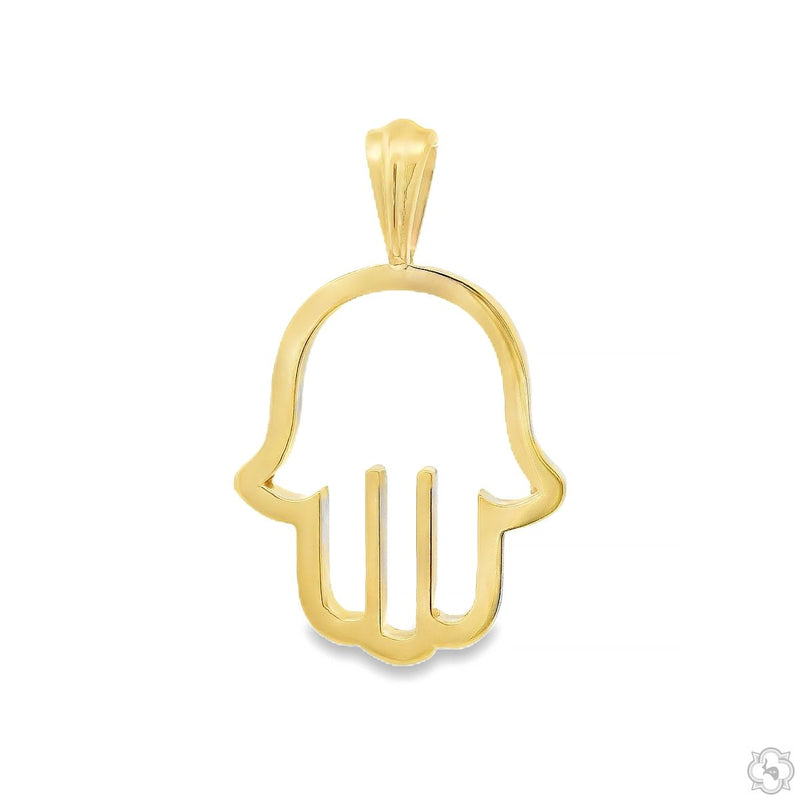 Yellow gold pendant shaped like an openwork Hamsa hand with smooth edges and polished finish