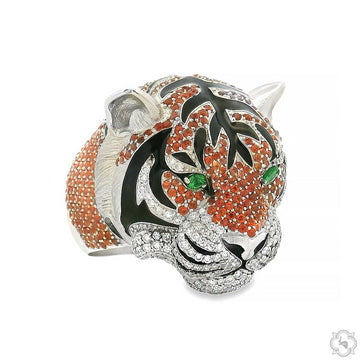 Gold sculpted tiger ring with textured stripe detail and dimensional face, angled three-quarter view