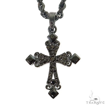 Gothic black diamond cross pendant with ornate detailing on a twisted black chain.