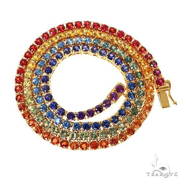 Graduated rainbow sapphire tennis chain in 14k gold – multicolor stones graduating from center, full necklace view