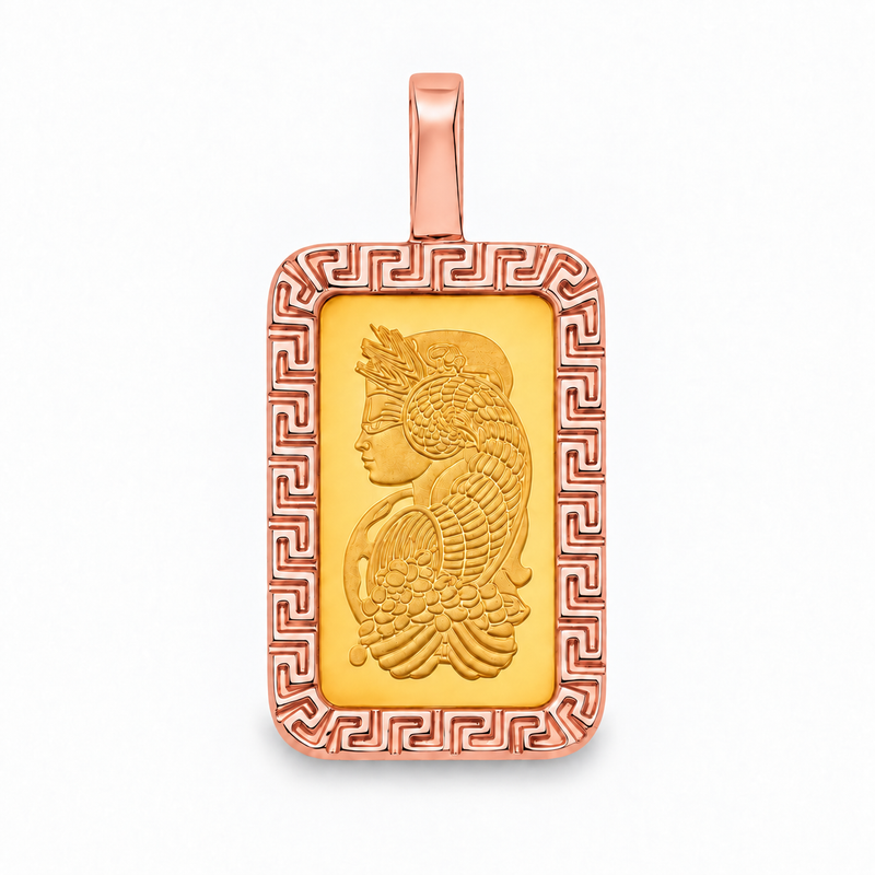 Greek Inspired Dog Tag Pendant with 2.5g PAMP Suisse Bar in 14K gold, view 2