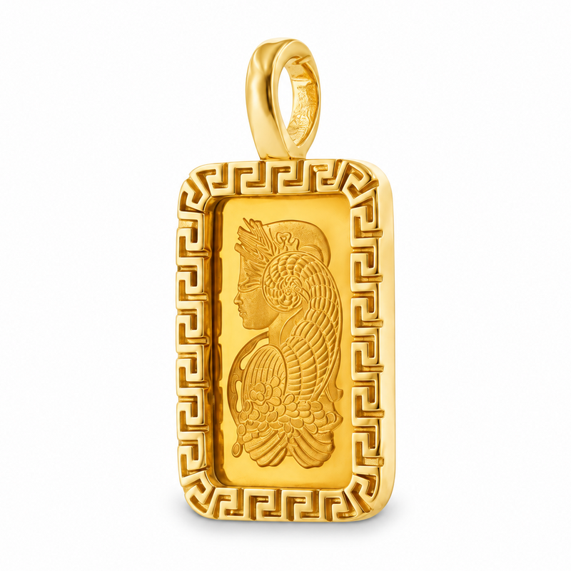 Greek Inspired Dog Tag Pendant with 2.5g PAMP Suisse Bar in 14K gold, view 4