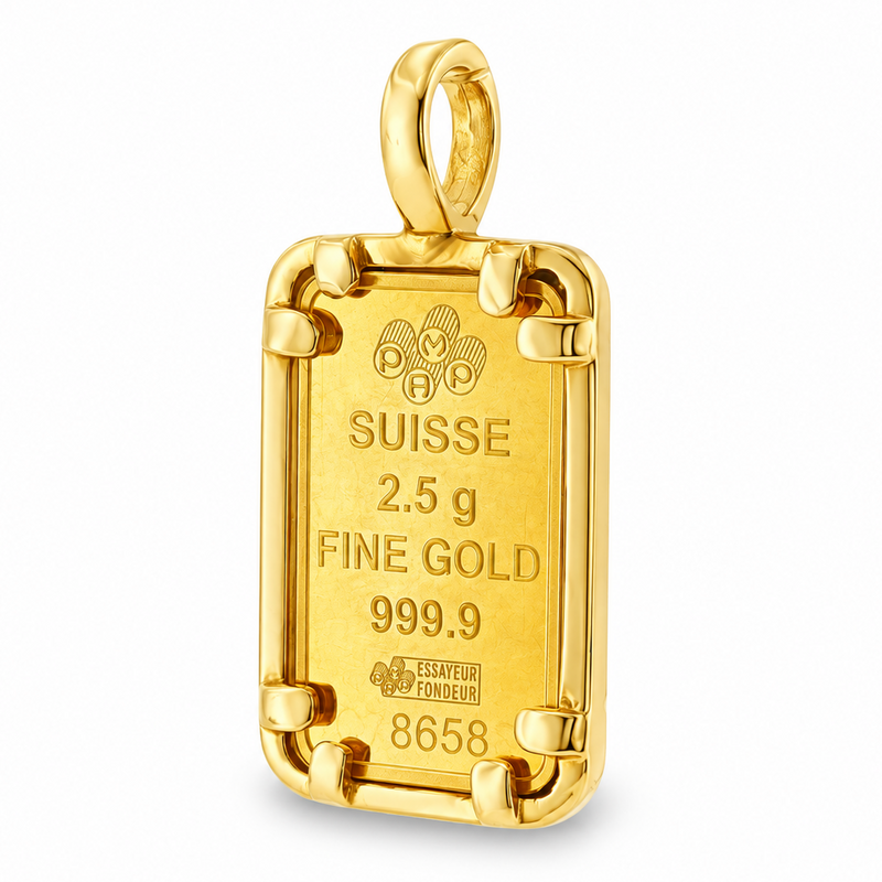 Greek Inspired Dog Tag Pendant with 2.5g PAMP Suisse Bar in 14K gold, view 6