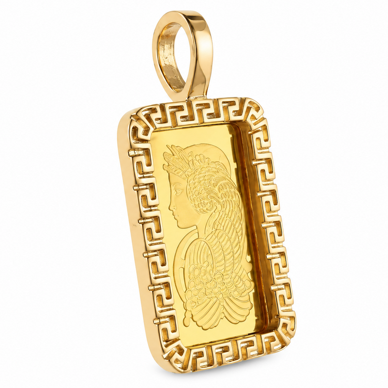 Greek Inspired Dog Tag Pendant with 2.5g PAMP Suisse Bar in 14K gold, view 7