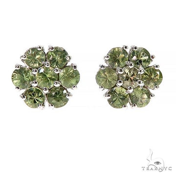 Green gemstone cluster flower earrings with silver prong setting, large size forest garden style.