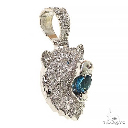 14K Gold Grizzly Bear Blue Topaz Diamond Pendant, photo 2 of 7