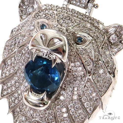 14K Gold Grizzly Bear Blue Topaz Diamond Pendant, photo 3 of 7