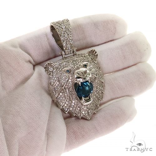 14K Gold Grizzly Bear Blue Topaz Diamond Pendant, photo 7 of 7