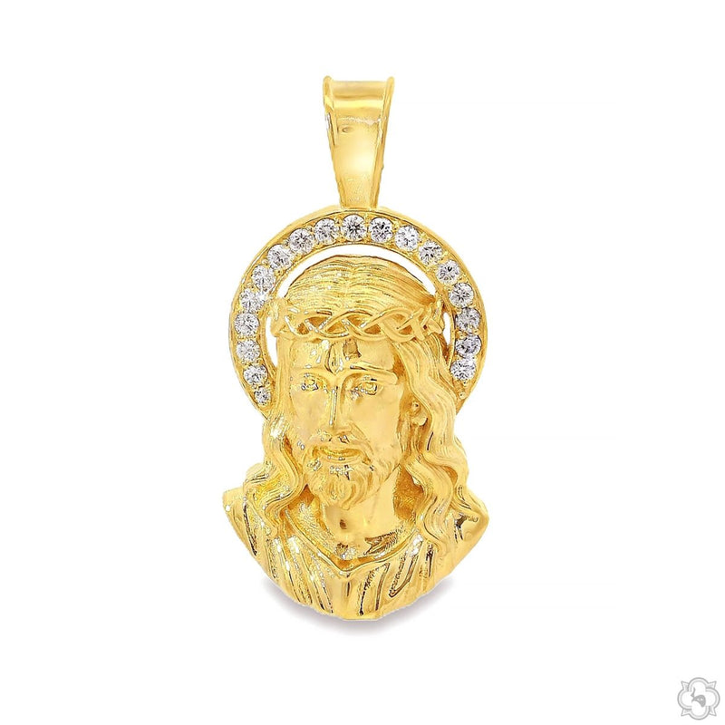 Gold jesus face pendant with diamond halo and thorn crown detail, front view
