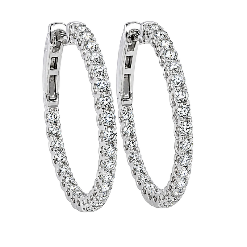 White gold inside-out diamond hoop earrings with round-cut diamonds, elegant and sparkling.