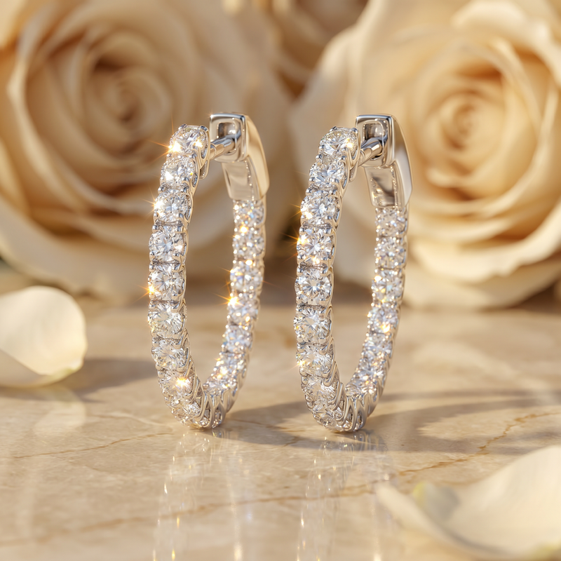 Silver hoop earrings encrusted with sparkling diamonds against soft beige roses background.