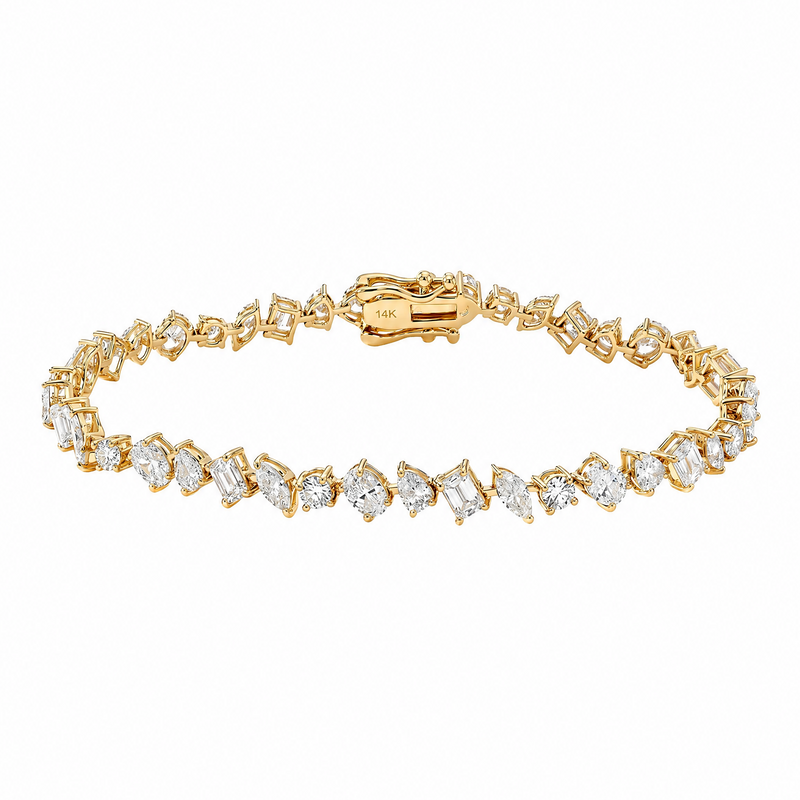 Yellow gold bracelet with alternating square and round diamonds in geometric design.