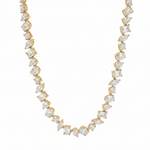 Yellow gold necklace with alternating round and square diamonds in a chandelier style chain.