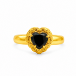 Gold heart-shaped black diamond ring with ornate floral filigree gold frame and prong setting

