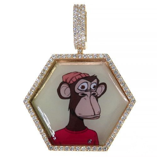 Hexagon yellow gold photo pendant with diamond border and custom cartoon monkey image