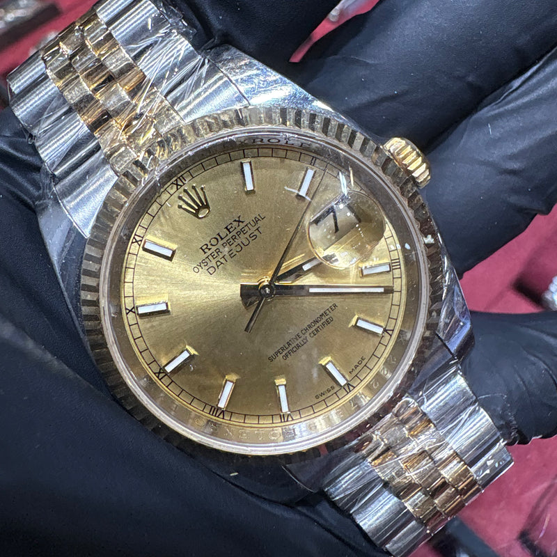 Rolex DateJust 36mm | Two Tone Gold | Champagne Stick Dial | 116233