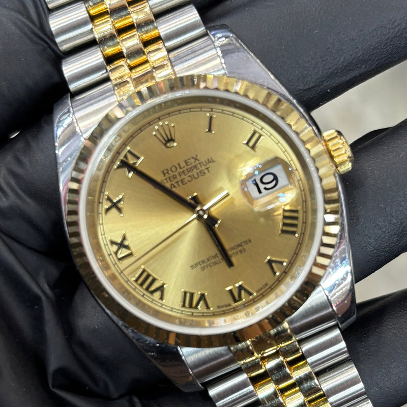 Rolex DateJust 36mm | Two Tone Yellow Gold | Champagne Roman Dial | 116233
