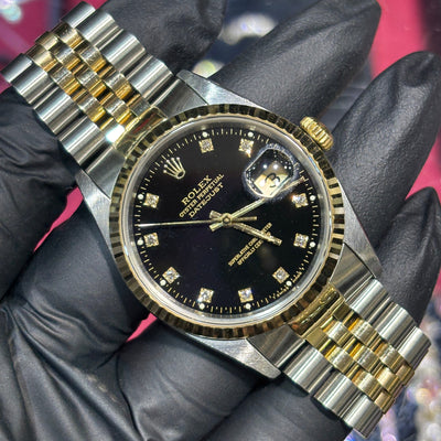 Rolex DateJust 36mm | Two Tone Yellow Gold | Black Diamond Dial | 16233