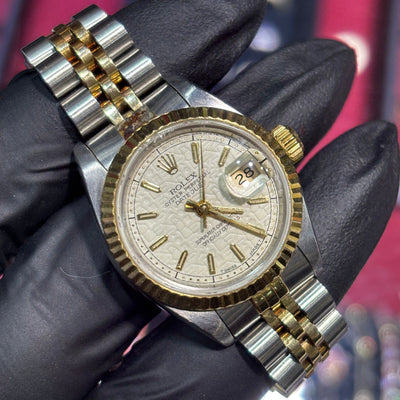 Rolex DateJust 26mm | Two Tone Yellow Gold | White Stick Dial | 69173