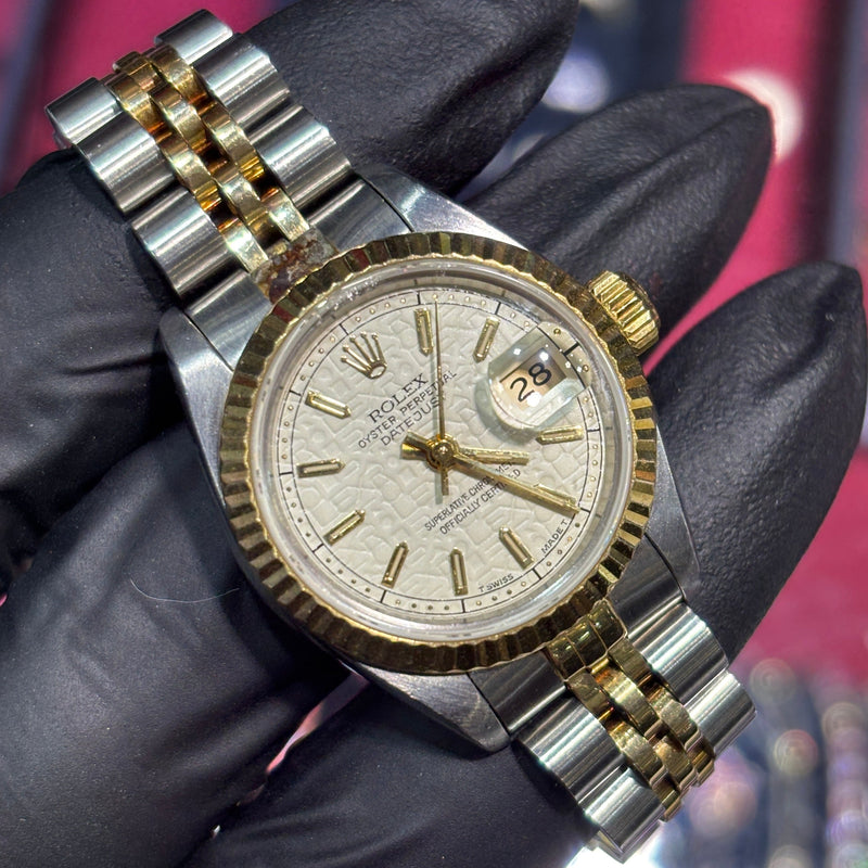 Rolex DateJust 26mm | Two Tone Yellow Gold | White Stick Dial | 69173