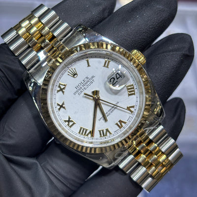Rolex 36mm Datejust | Two Tone Yellow Gold | White Roman Dial