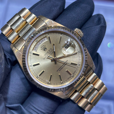 Rolex Day-Date 36mm | Champagne Stick Dial | 18K Yellow Gold