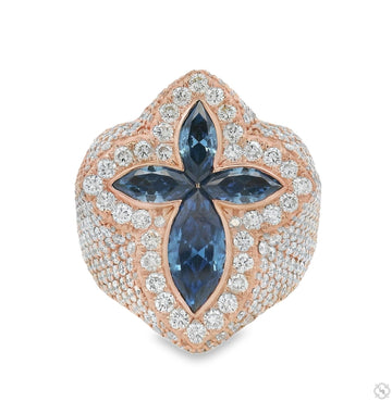 mens diamond and blue quartz crystal ring – cross setting, multi-stone face, angled top view