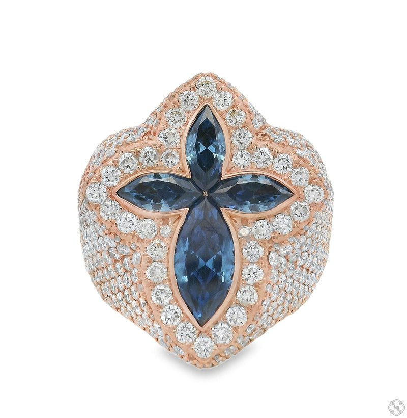 mens diamond and blue quartz crystal ring – cross setting, multi-stone face, angled top view