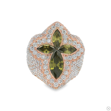 Men's green quartz crystal diamond ring in 10k gold – top-down view showing faceted green stone center