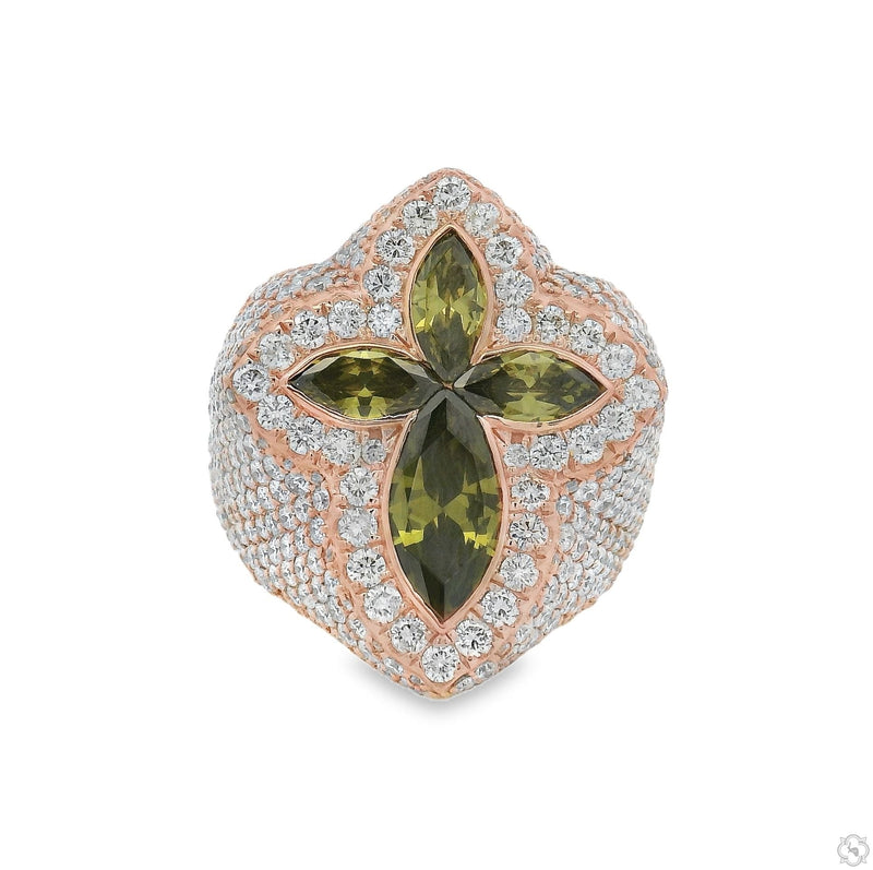 Men's green quartz crystal diamond ring in 10k gold – top-down view showing faceted green stone center