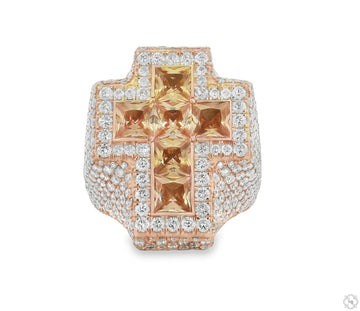 Mens cross ring in metal with iceberg quartz crystals and round-cut diamonds in prong setting, top-down view