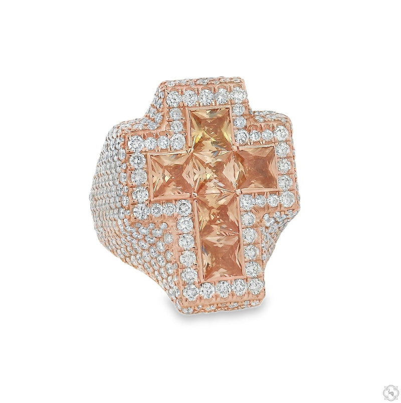Rose gold men's ring with cross design featuring iceberg quartz crystals and diamonds