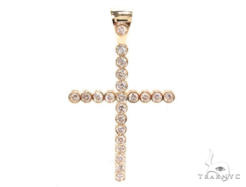 14K yellow gold cross pendant with bezel-set round diamonds across both arms