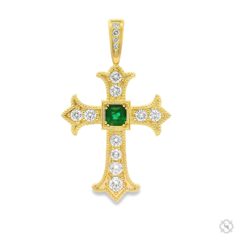 Gold cross pendant with cushion-cut emerald center stone surrounded by round diamond halo, front view