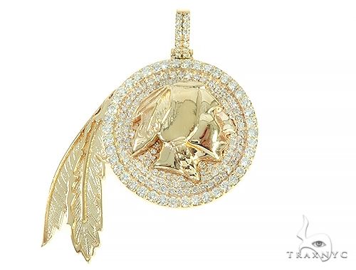 Diamond pendant in gold featuring Native American Indian chief with feathered headdress, face-on angle