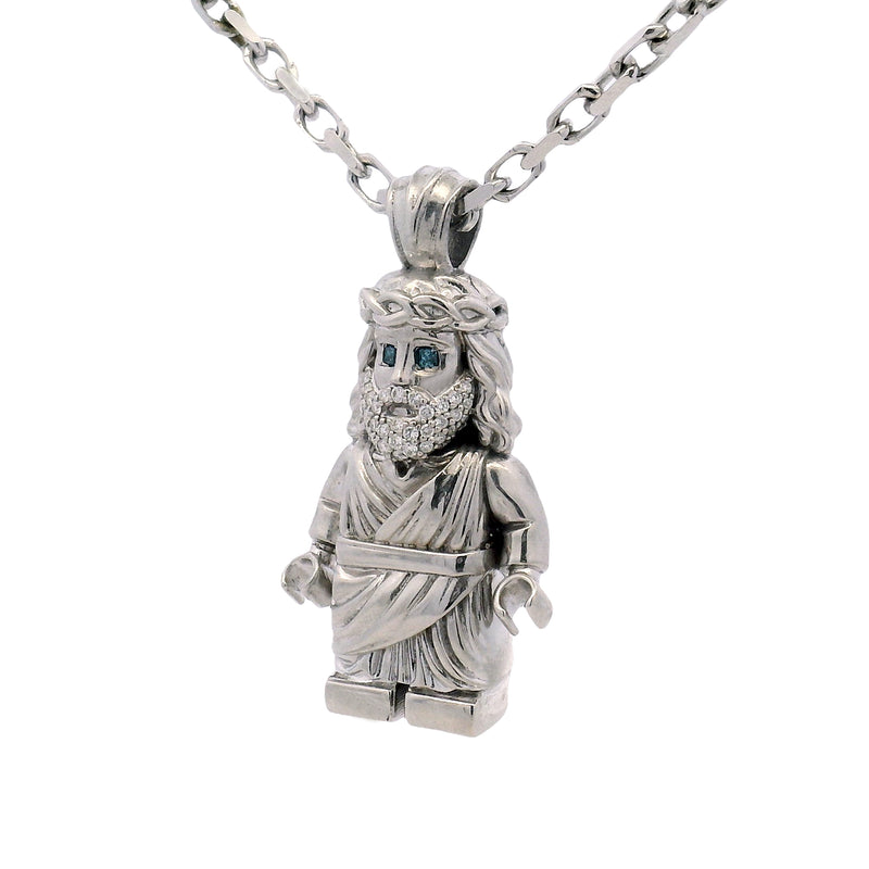 925 silver mini block Jesus pendant with blue diamond eyes on anchor chain necklace.