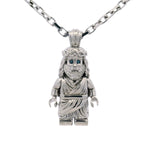 Silver TraxNYC Jesus pendant with blue diamond eyes on anchor cable chain.