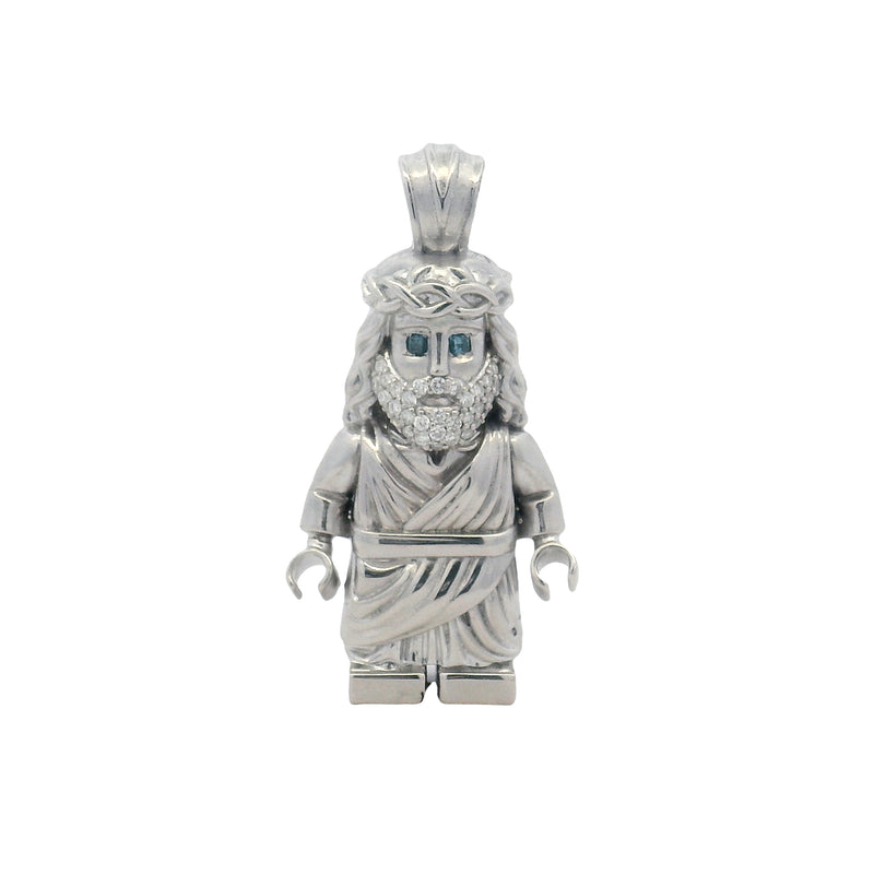 925 silver mini block Jesus pendant with blue diamond eyes on anchor chain necklace.