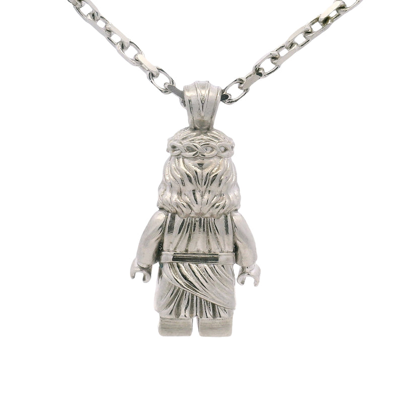 925 silver mini block Jesus pendant with blue diamond eyes on anchor chain necklace.