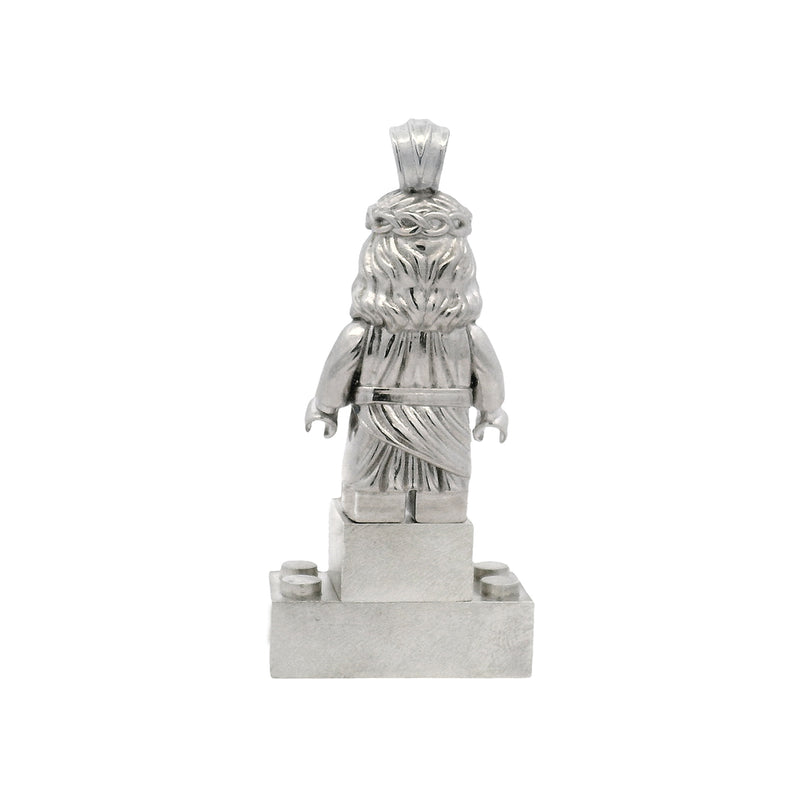 Silver TraxNYC Jesus pendant with blue diamond eyes on anchor cable chain.