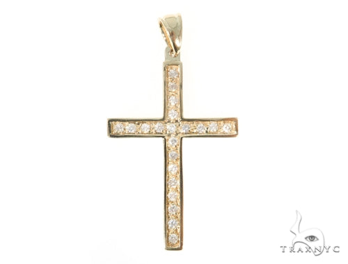 14K yellow gold cross pendant with diamonds set along the front surface
