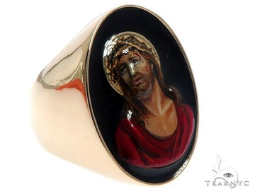 14k yellow gold Jesus Christ ring with hand-painted portrait detail, front angle