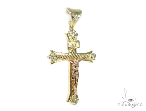 10K yellow gold men's cross pendant with diamond accents and detailed crucifix design