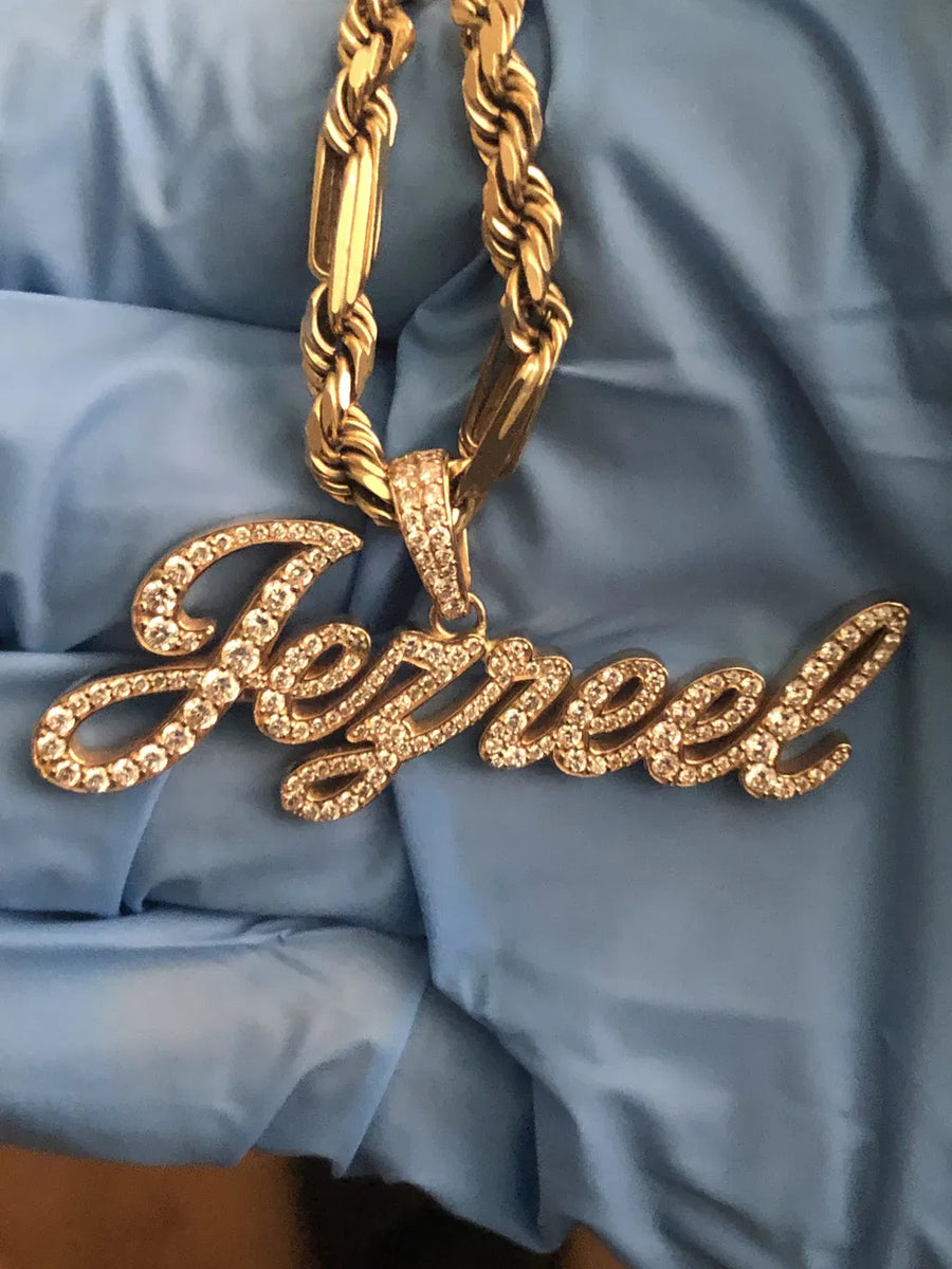 Custom 14K diamond name pendant, worn by Jezreel C. in Santa Barbara, CA