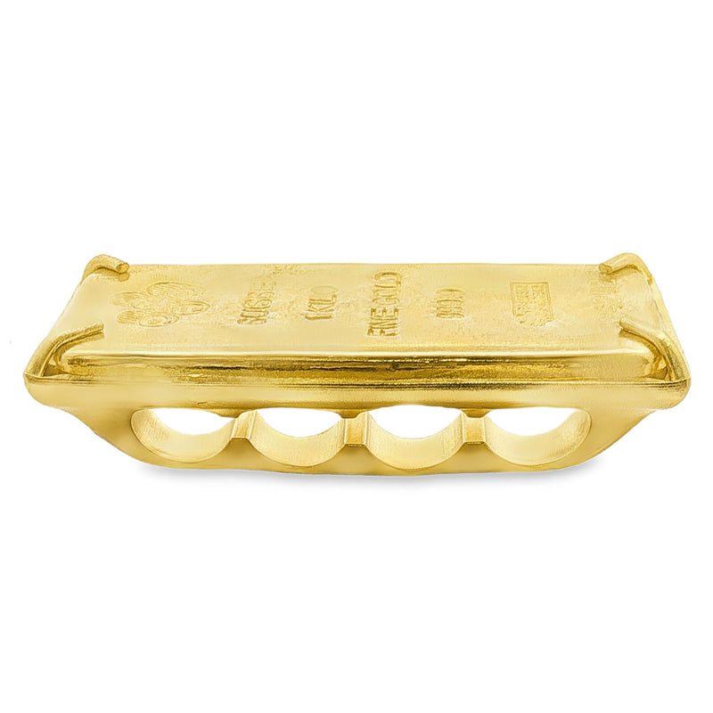 24k gold four-finger ring styled as a gold bullion bar with detailed engravings.