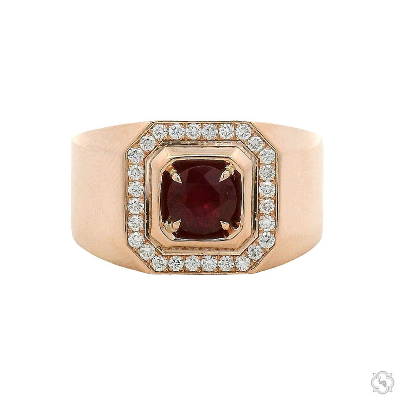Men's ruby gemstone ring in rose gold with crimson center stone and diamond halo, top-down view