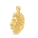 Yellow gold lion head pendant with intricate flowing mane details, polished finish.