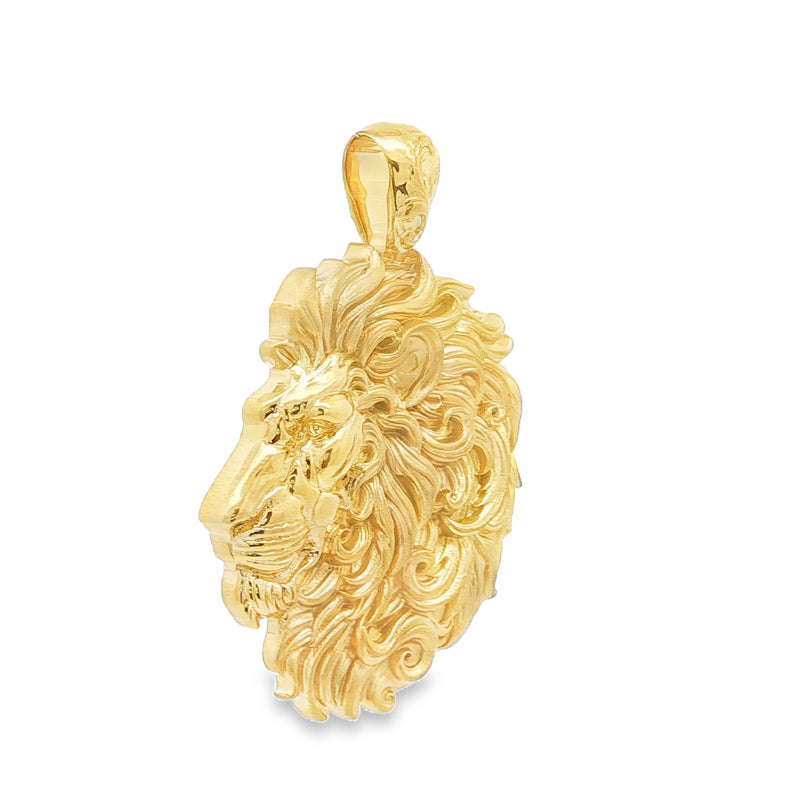 Yellow gold lion head pendant with intricate flowing mane details, polished finish.