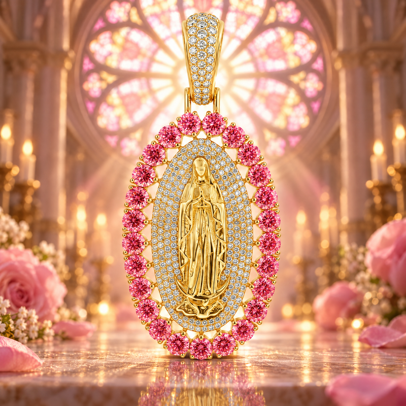 La Virgin De Guadalupe Pendant with Pink Diamonds, view 10